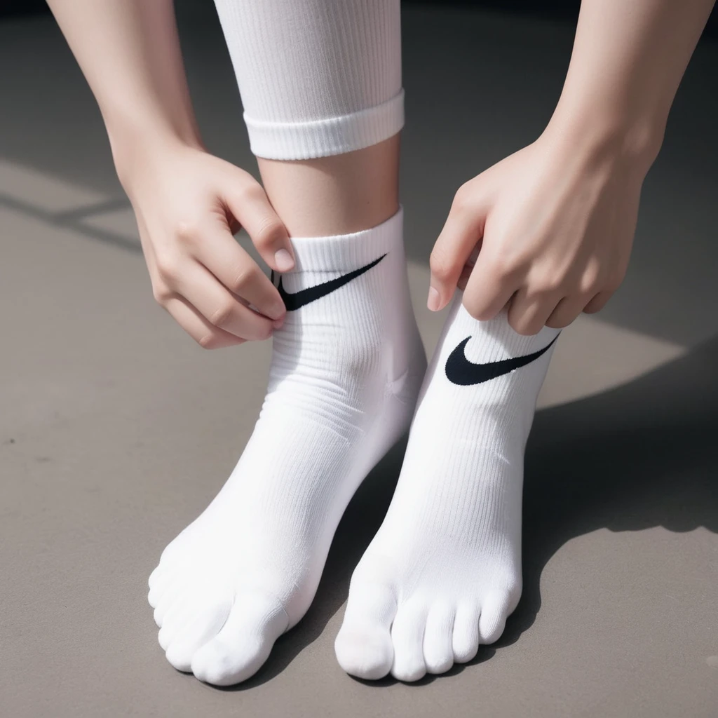 There is always one Nike logo visible on the socks。、Two perfect pairs of feet、Beautiful hands and feet、Changing clothes in the locker room、Ultra-realistic skin texture、Shiny skin。White socks with the Nike logo are beautiful。The socks are dirty。Trying to make me smell his socks、