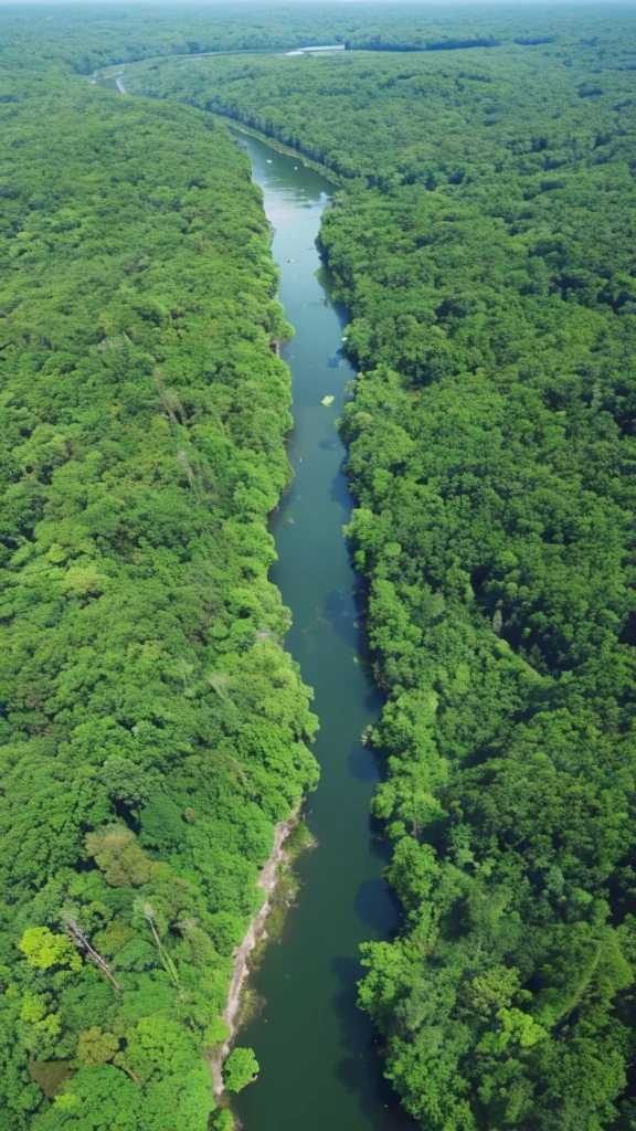 green々Aerial view of a river surrounded by dense forest。The water in the river is clear、The stones and small fish on the bottom are clearly visible.。From a drone's perspective、The river flows gently, meandering、Colorful flowers on the riverbank々There is lush greenery and trees.。The sunlight reflects off the water surface, making it sparkle、The overall atmosphere is quiet and relaxing.。