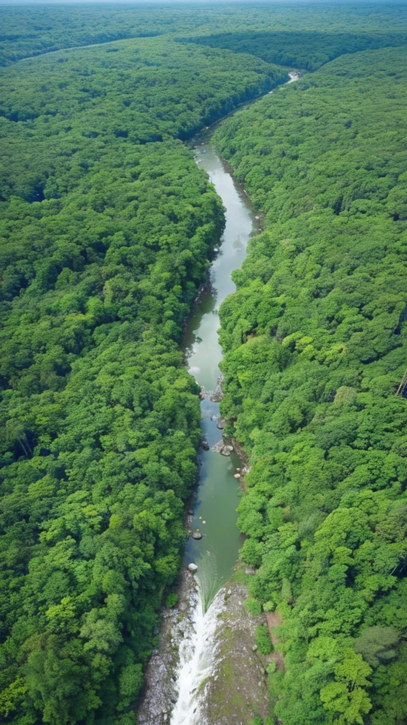 green々Aerial view of a river surrounded by dense forest。The water in the river is clear、The stones and small fish on the bottom are clearly visible.。From a drone's perspective、The river flows gently, meandering、Colorful flowers on the riverbank々There is lush greenery and trees.。The sunlight reflects off the water surface, making it sparkle、The overall atmosphere is quiet and relaxing.。