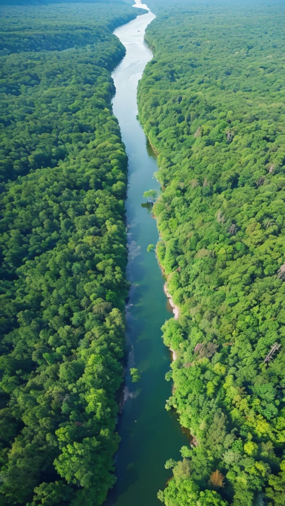 green々Aerial view of a river surrounded by dense forest。The water in the river is clear、The stones and small fish on the bottom are clearly visible.。From a drone's perspective、The river flows gently, meandering、Colorful flowers on the riverbank々There is lush greenery and trees.。The sunlight reflects off the water surface, making it sparkle、The overall atmosphere is quiet and relaxing.。