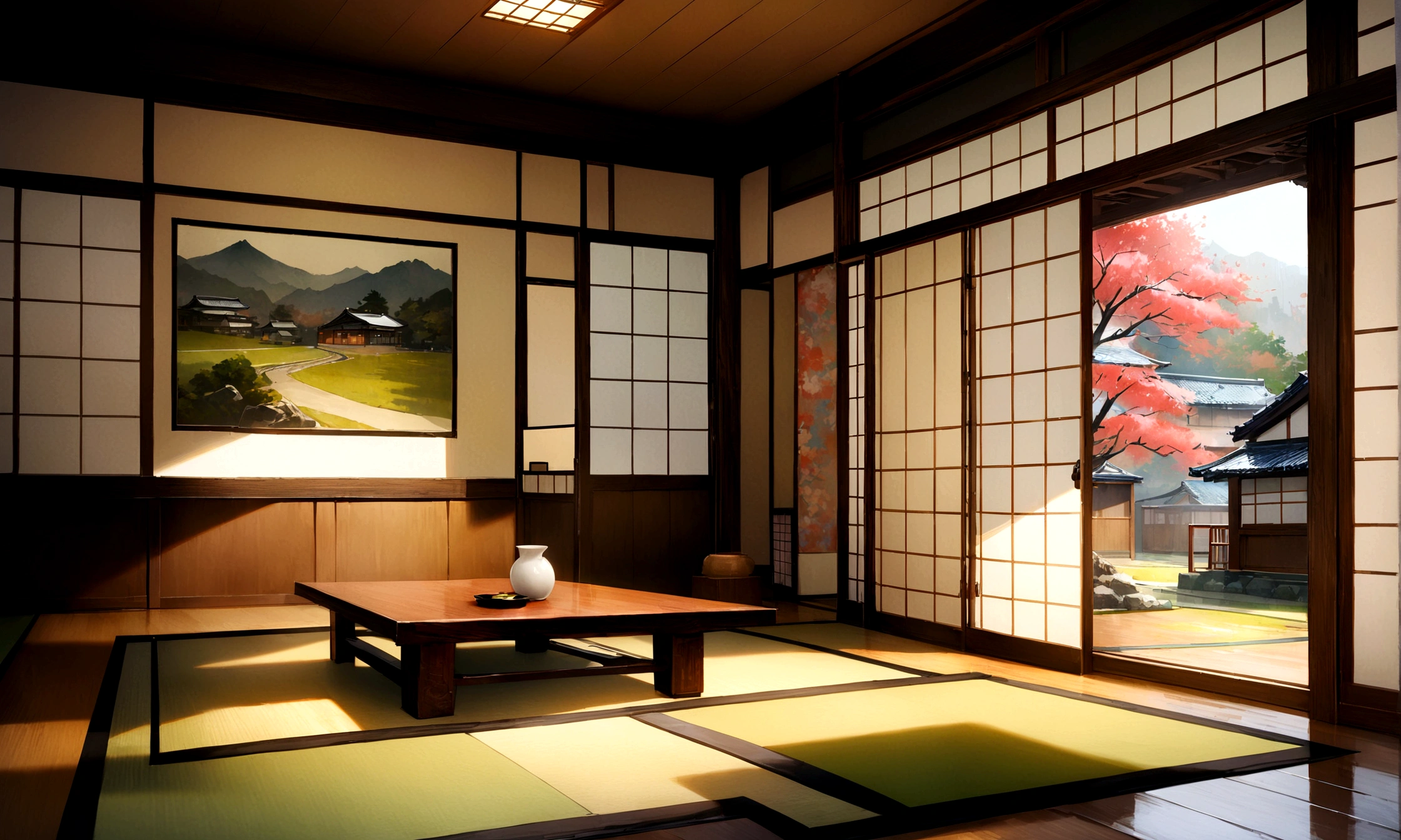 Old house in Japan, Japan tatami room,Japanese living room,Blur the background,Glitter effect,Highest quality, 8K, High resolution, masterpiece:1.2, Very detailed, Realistic:1.37, High resolution, 超High resolution, Ultra-fine painting, Very detailed, Professional, Vibrant colors