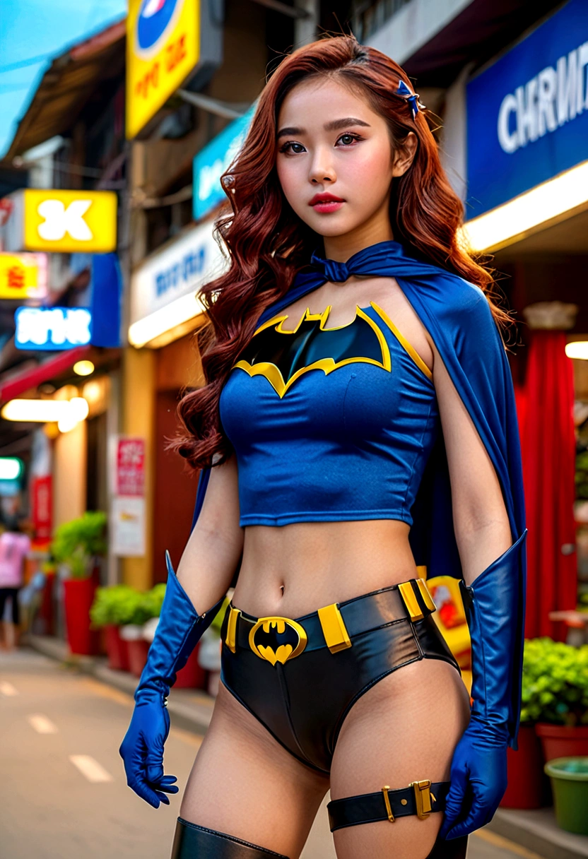 Full body  portrait, a beautiful young thai girl 20-year-old,wearing batman suit, bat girl,ชุดเว้าเปิดอก, thai girl with long curly red hair, blue eyes, soft and cute features, wearing an open crop top, gloves, and thigh-high boots, (best quality,4k,8k,highres,masterpiece:1.2),ultra-detailed,(realistic,photorealistic,photo-realistic:1.37),detailed face and eyes,extremely detailed eyes and face,longeyelashes,detailed clothing,detailed background,warm lighting,ห้องนอนสีขาว,intricate details,vibrant colors,cinematic composition