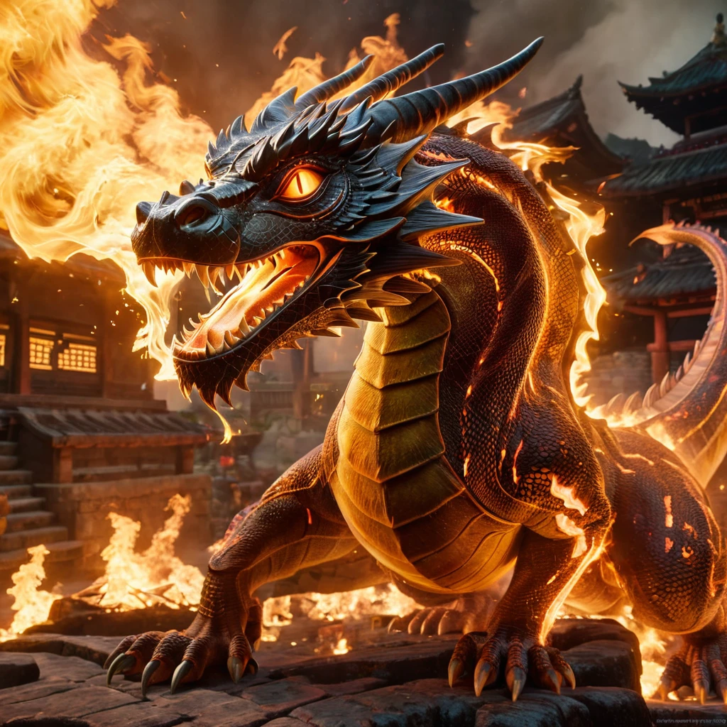 a battle-damaged samurai,a fire-breathing dragon,a burning village,highly detailed,cinematic,epic,intricate textures,dramatic lighting,intense colors,moody atmosphere,photorealistic,unreal engine,8k,best quality,masterpiece