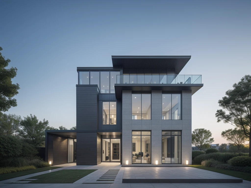 RAW photo, a photo of a modern villa with a car parked in front of it, ((1/2 dark grey wood facade)), architectural shot, gate, road, viet nam modern residence, rough white wall, new residential area, wide angle exterior 2022, contemporary house, exterior photography, masterpiece, contemporary architecture, overcast, indirect lighting