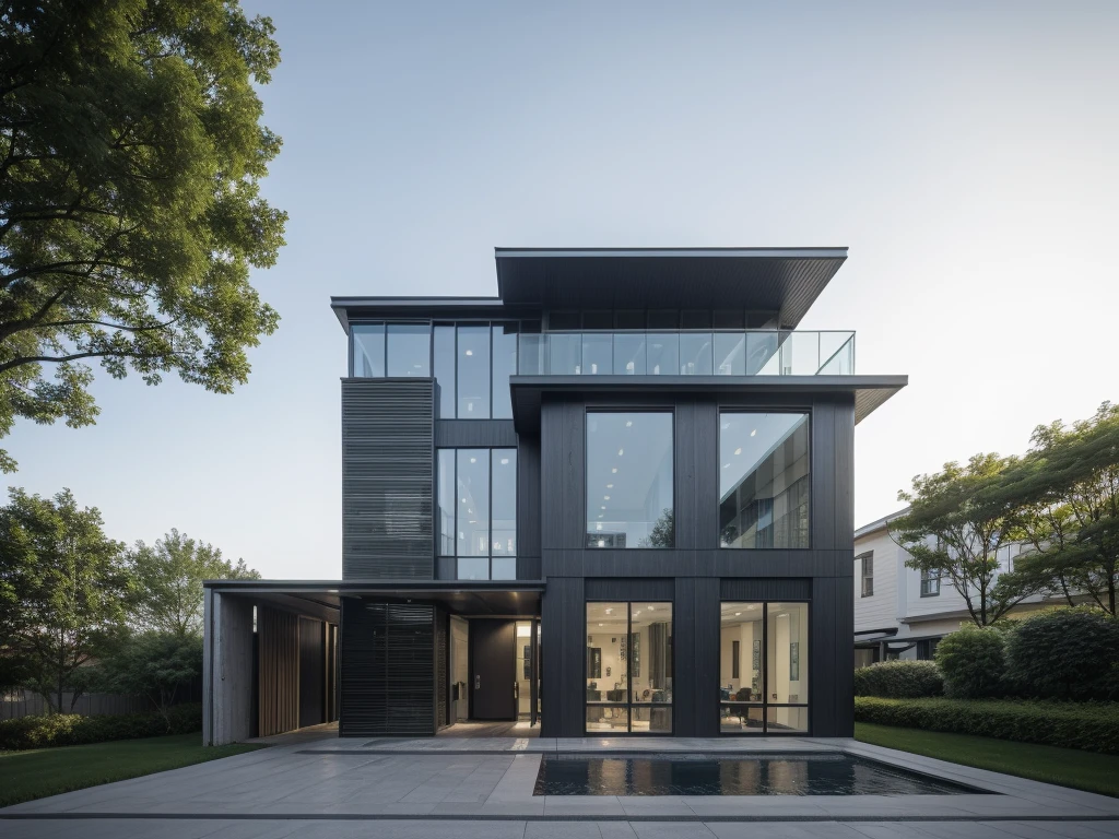 RAW photo, a photo of a modern villa with a car parked in front of it, ((1/2 dark grey wood facade)), architectural shot, gate, road, viet nam modern residence, rough white wall, new residential area, wide angle exterior 2022, contemporary house, exterior photography, masterpiece, contemporary architecture, overcast, indirect lighting