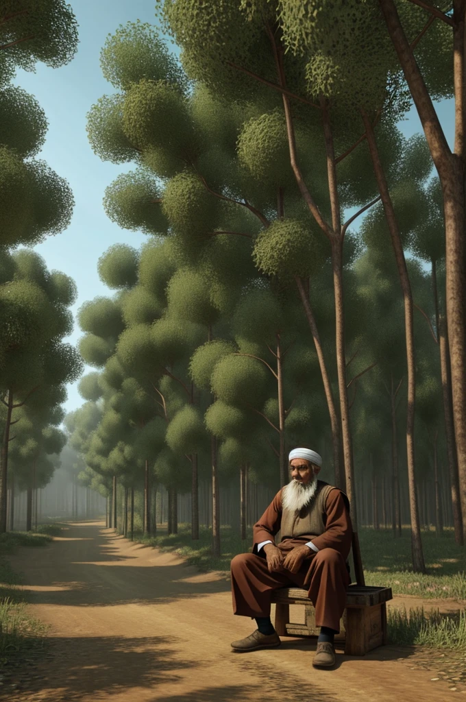 An old muslim woodcutter  sitting in a village forest 3d animated