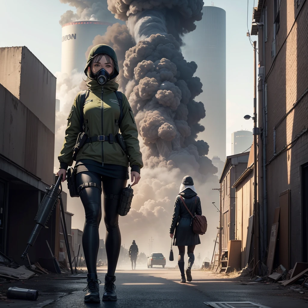 She is walking in middle of a street dressed in black and wearing a gas mask, abandon city with only one Power Nuclear Plant in the distance but there is not other people , there is a olive green toxic smoke in the air, ultra high quality, 4K, low angle, (masterpiece, top quality, best quality, official art, beautiful and aesthetic:1.2),