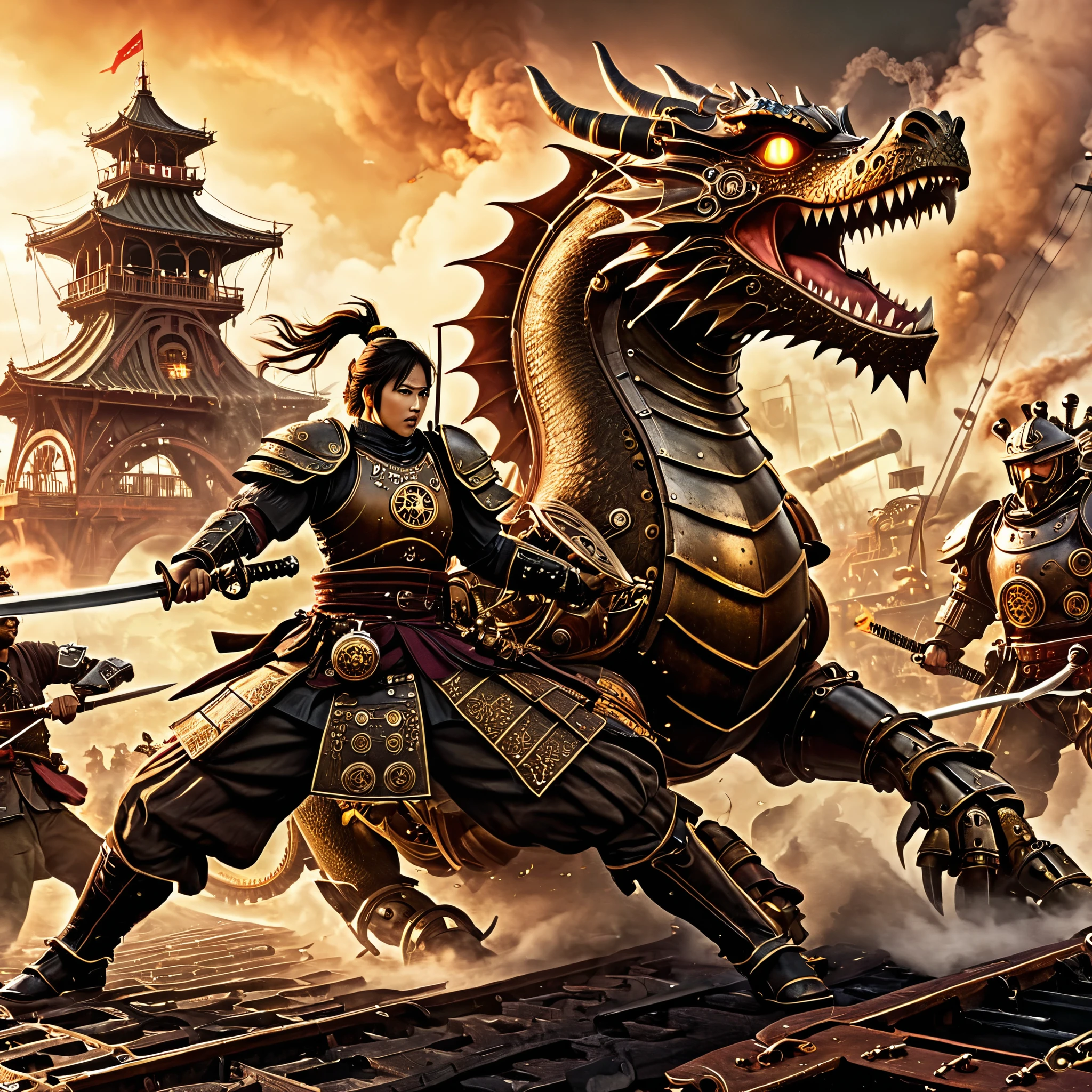 A steampunk-themed battle scene with a samurai in steam-powered armor fighting a dragon made of gears and machinery. The background features an industrial landscape