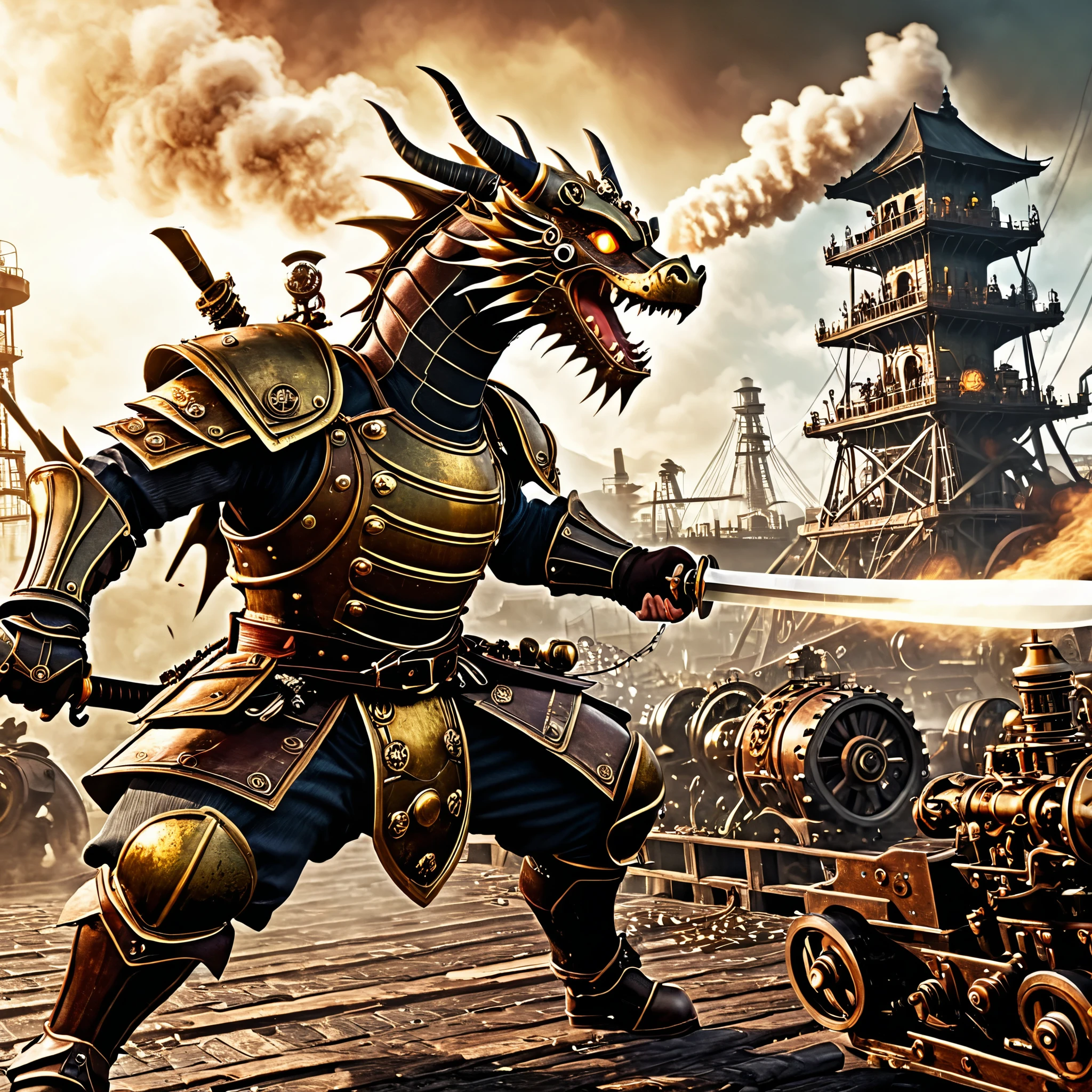 A steampunk-themed battle scene with a samurai in steam-powered armor fighting a dragon made of gears and machinery. The background features an industrial landscape