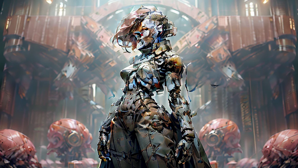 (((An epic and visually stunning digital anime masterpiece:1.5, art piece featuring a ((feminine male:1.5)) elegant military mechanical ((robot)) soldier clad in a sleek yet tactical decorated military trench coat:1.5))), (((flat masculine chest:1.5, skull:1.8, head11:1.8, narrow orange eyes:1.5))), (((the character is clothed in a scifi tactical double breasted trench coat with a built in exoskeleton:1.6))), (((over a form fitted armor plated yet super sleek and sensually revealing under suit, waist and thighs exposed:1.6))), ((The image showcases the intricacies of the character’s armor and clothing:1.4)), ((capturing their flamboyant feminine essence and heavy mechanical art deco aesthetic:1.5)), ((The character also possesses a more masculine androgynous charm:1.4)), (((with a toned yet heavily muscled gorgeous feminine physique:1.4, a sleek waist:1.4, mesomorphic mechanical muscular torso, toned yet beautifully sleek mechanical arms and legs with thick thighs:1.6, mechanical muscles))), ((looking at viewer)), (((brass metal armor and brown leather))), ((((depth of field, cinematic lighting, chromatic aberration, ray tracing, UHD, masterpiece, top of head covered, super detail, high details, high quality, award winning, 8k, highres)))), (((dieselpunk:1.4, decopunk:1.4, artificial muscle:1.5)))
