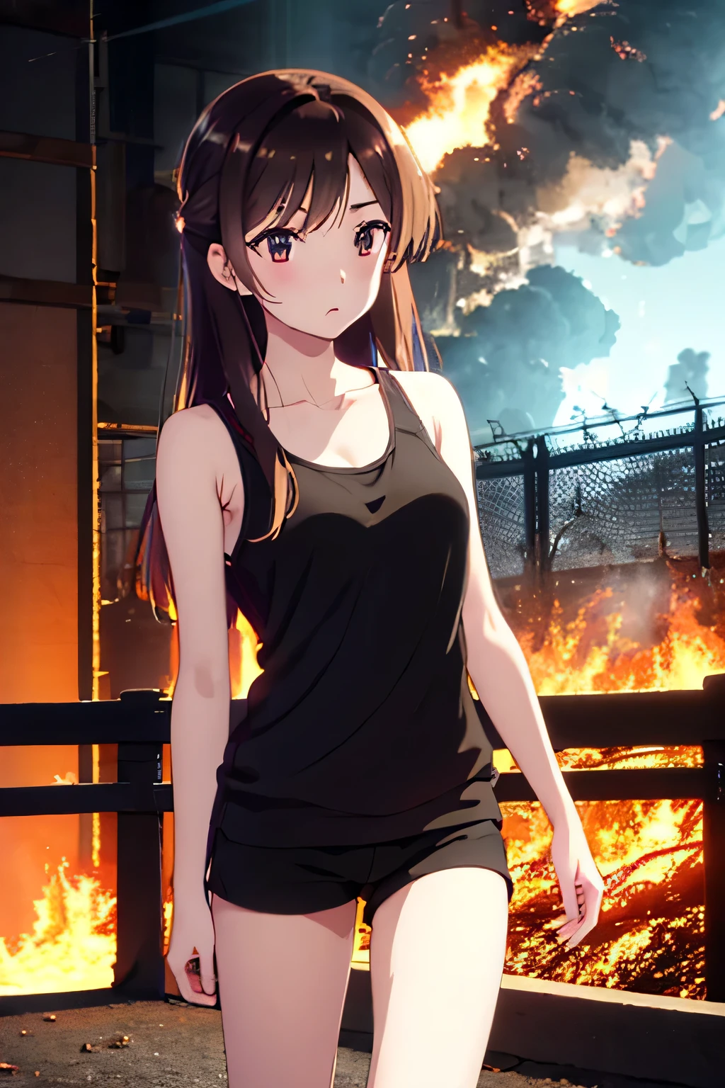 masterpiece, Highest quality, High resolution、Chizuru Mizuhara、One Girl、Straight Hair、Mid-chest、Turn around and show your butt、sexy black tank top、Sexy black shorts、at night、fence、Military base exploding in flames、Building on fire