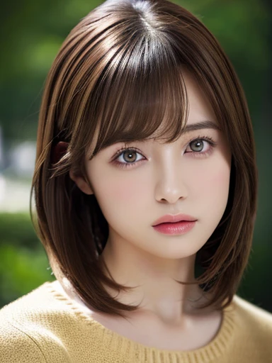 (Masseter muscle part:1.3)、(8K、Photoreal、RAW photo、highest quality: 1.4)、(1 girl)、beautiful face、(lifelike face)、(brown hair:1.5)、(medium hair)、beautiful hairstyle、（One eye is hidden by bangs：1.2）、beautiful and fine eyes、（real looking skin）、beautiful skin、（sweater）、absurd、attractive、超A high resolution、surreal、high detail、golden ratio