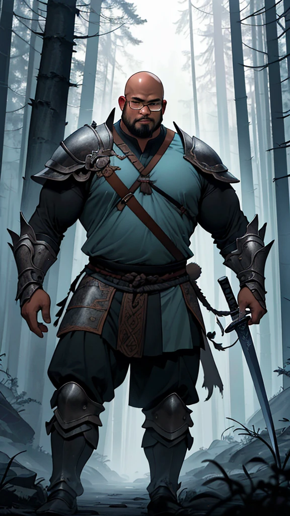 A bald head obese Indonesian man with glasses and clean face, walks through a dark forest with dramatic lighting. Wearing full armor Viking warrior attire and carrying a big sword, he is ready to confront enemies. This photo captivates with its blend of culture and fantasy, creating a compelling epic atmosphere.