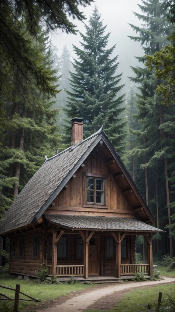 Create a wallpaper with the best possible quality about a small wooden house with rustic but old details in the middle of a rainy forest. 