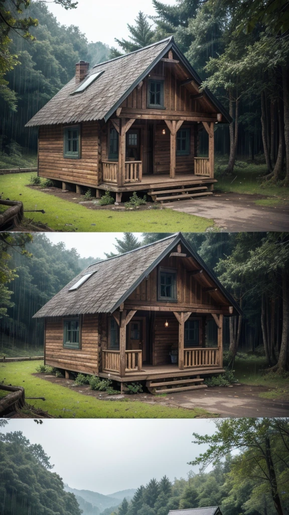 Create a wallpaper with the best possible quality about a small wooden house with rustic but old details in the middle of a rainy forest. 