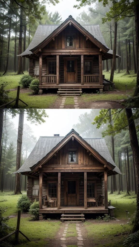 Create a wallpaper with the best possible quality about a small wooden house with rustic but old details in the middle of a rainy forest.