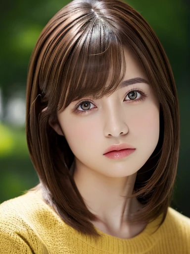 (Masseter muscle part:1.3)、(8K、Photoreal、RAW photo、highest quality: 1.4)、(1 girl)、beautiful face、(lifelike face)、(brown hair:1.5)、(medium hair)、beautiful hairstyle、（One eye is hidden by bangs：1.2）、beautiful and fine eyes、（real looking skin）、beautiful skin、（sweater）、absurd、attractive、超A high resolution、surreal、high detail、golden ratio