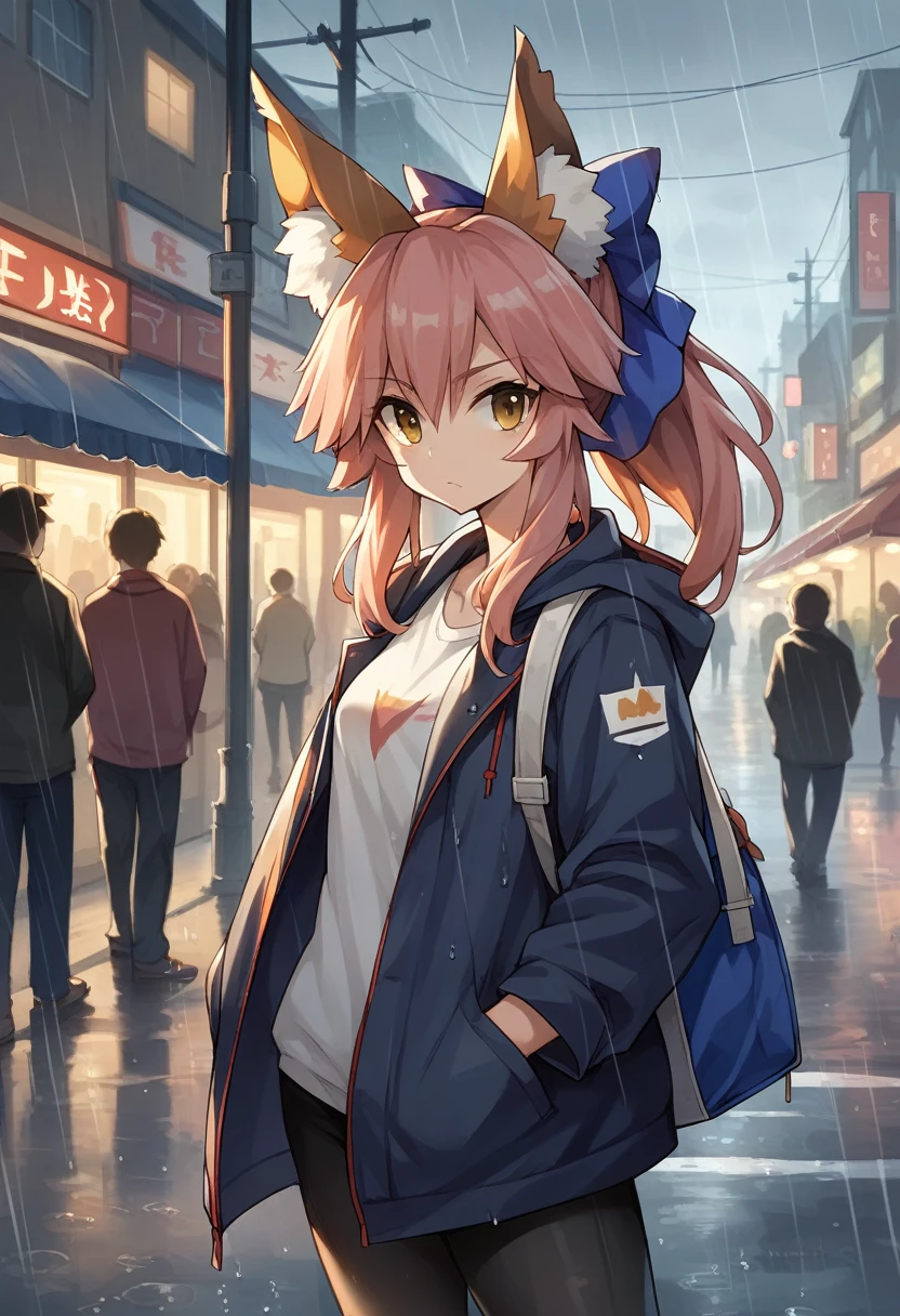 character:tamamo no mae \(fate/extra\), [[[medium full shot]]], bg:city street scene, fx:rain and fog