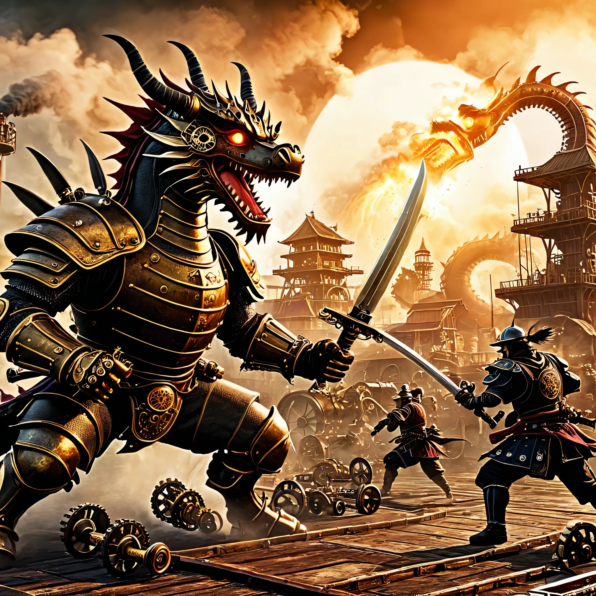 A steampunk-themed battle scene with a samurai in steam-powered armor fighting a dragon made of gears and machinery. The background features an industrial landscape