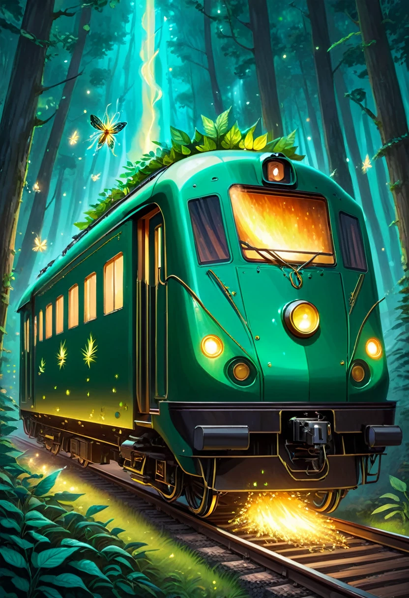 A forest spirit train with carriages made of wood and leaves, accompanied by spirits and glowing fireflies.
