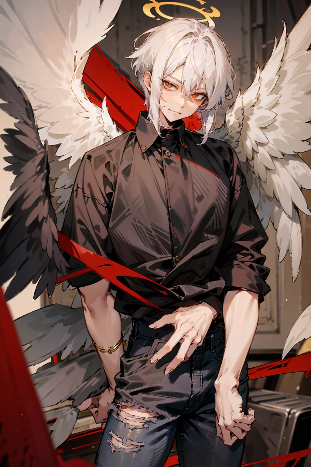 1male, Adult, Two Tone Hair, Crimson and White Hair, Short Hair, Undercut Hair, Angel Halo, Black Wings, Golden Eyes, Smirk, Black and White Flannel Shirt, Black Ripped Jeans