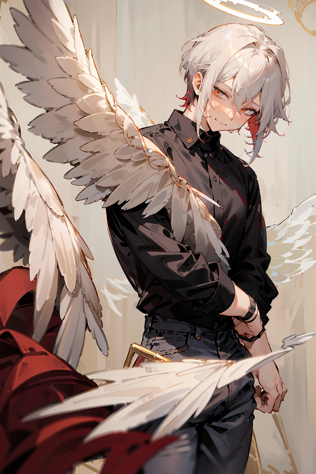 1male, Adult, Two Tone Hair, Crimson and White Hair, Short Hair, Undercut Hair, Angel Halo, Black Wings, Golden Eyes, Smirk, Black and White Flannel Shirt, Black Ripped Jeans