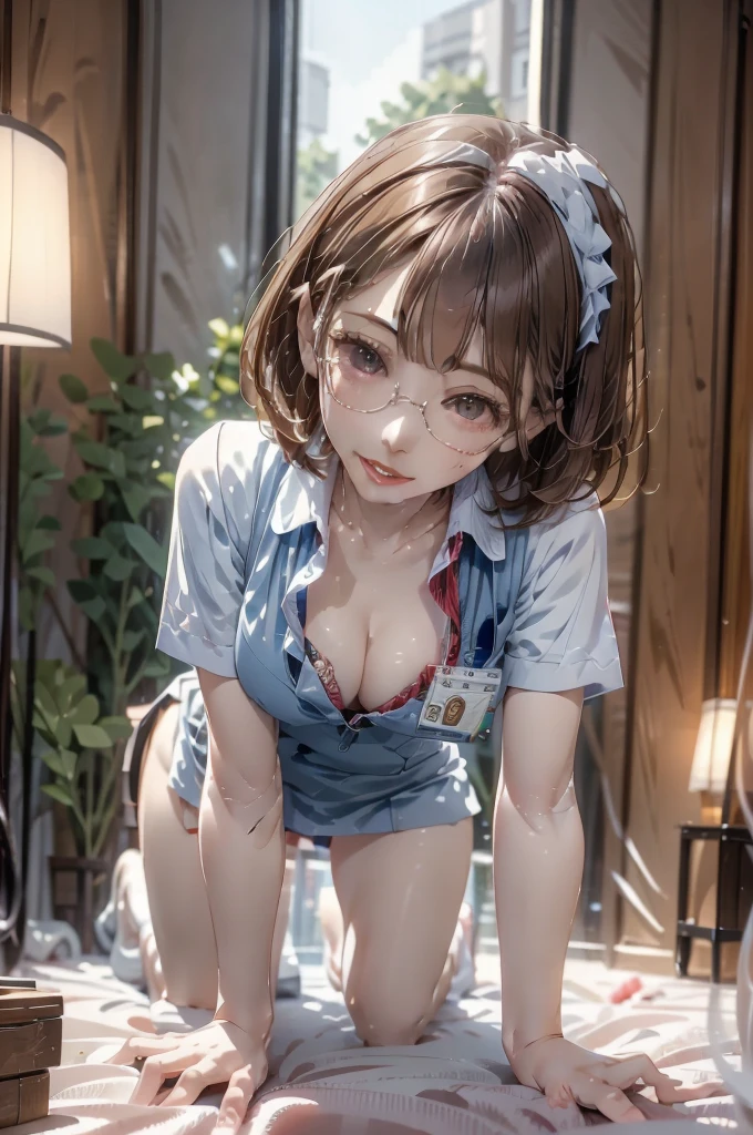 Browsing Caution,((Highest quality)),((masterpiece)),(detailed),((Anatomically correct)),((detailedな説明)),Shooting from the side,Sexy,Focus on the chest,((Ahegao)),((In the bedroom)),Nasty female nurse,((Wear glasses)),Very small breasts,Skinny body,Black hair ponytail,Taking off clothes,((Nipples are exposed)),((Panties are exposed)),boots,Get on all fours on the bed,