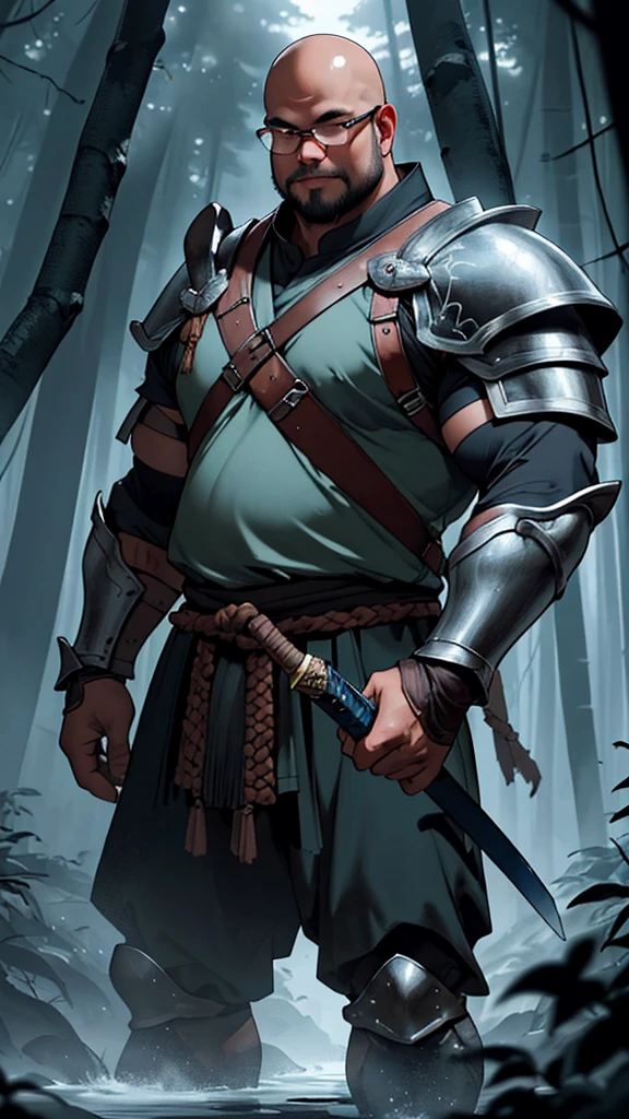 A bald head obese Indonesian man with glasses and clean face, walks through a dark forest with dramatic lighting. Wearing full armor Viking warrior attire and carrying a big sword, he is ready to confront enemies. This photo captivates with its blend of culture and fantasy, creating a compelling epic atmosphere.