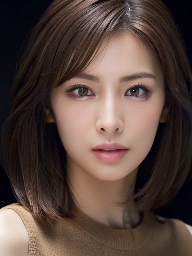 (Masseter muscle part:1.3)、(8K、Photoreal、RAW photo、highest quality: 1.4)、(1 girl)、beautiful face、(lifelike face)、(brown hair:1.5)、(medium hair)、beautiful hairstyle、（One eye is hidden by bangs：1.2）、beautiful and fine eyes、（real looking skin）、beautiful skin、（sweater）、absurd、attractive、超A high resolution、surreal、high detail、golden ratio