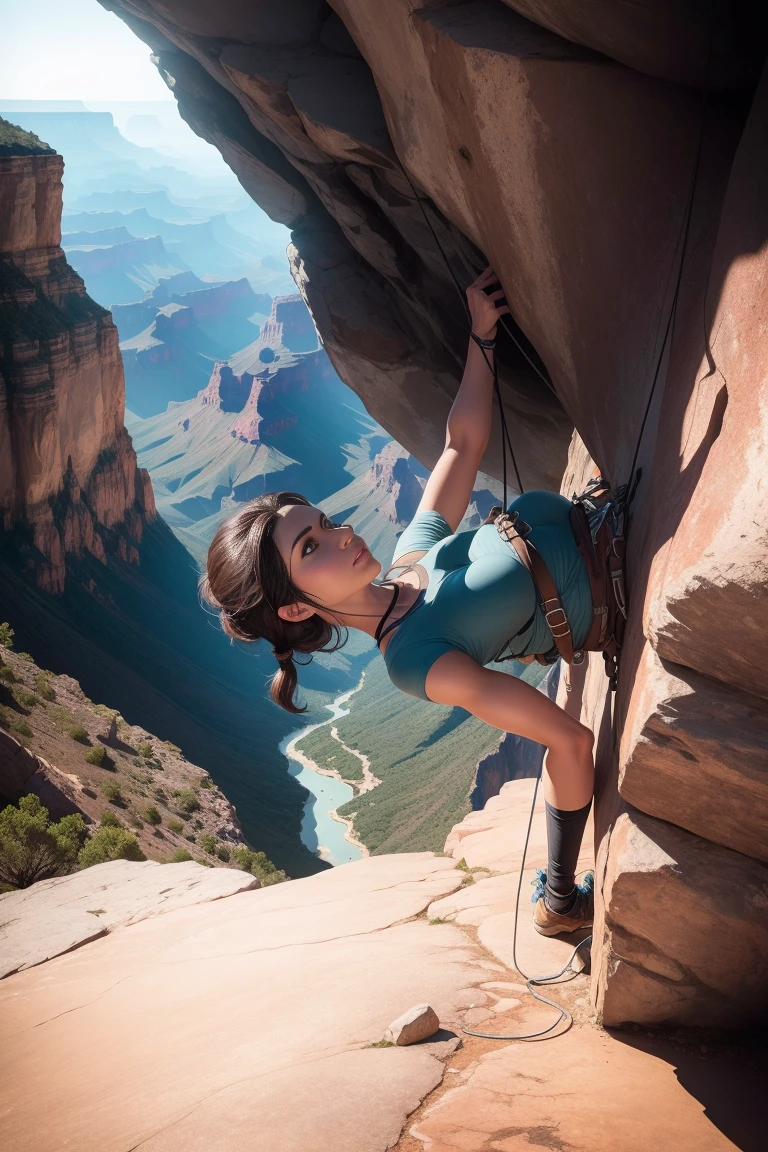 Create a picture of Lara Croft engaging in cliff walking and climbing in a breathtaking, grand canyon landscape. She is scaling a steep, rocky cliff with the aid of climbing gear, including ropes, harnesses, and carabiners. The cliff is part of a dramatic mountain range, with sheer drops and jagged peaks. Lara is dressed in a light blue t-shirt and dark jeans. The environment should include realistic rock textures and intricate details, with the sunlight casting dynamic shadows on the cliff face. The overall atmosphere should convey a sense of adventure, courage, and the thrill of conquering nature's obstacles. DLSR, sharp focus, soft lighting, masterpiece, photorealistic, 8k, masterpiece, perfect face, ultra detailed face, perfect brown eyes, beautiful face, close up face
