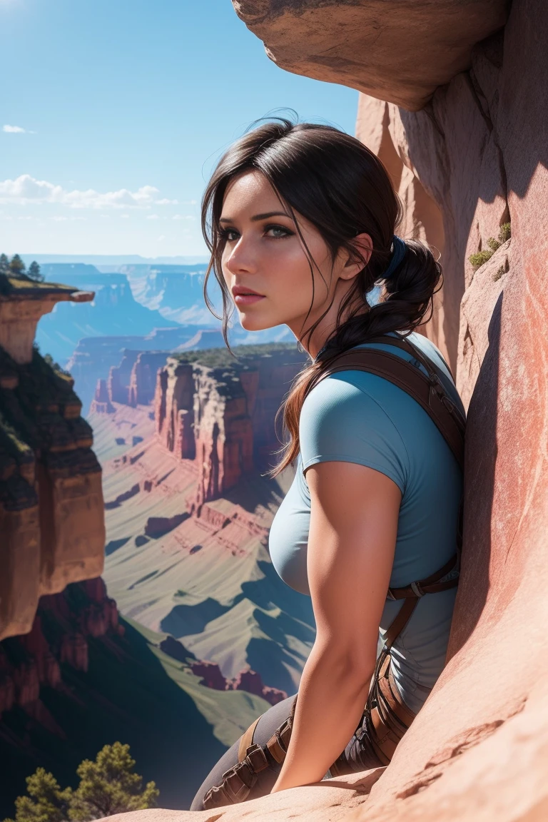 Create a picture of Lara Croft engaging in cliff walking and climbing in a breathtaking, grand canyon landscape. She is scaling a steep, rocky cliff with the aid of climbing gear, including ropes, harnesses, and carabiners. The cliff is part of a dramatic mountain range, with sheer drops and jagged peaks. Lara is dressed in a light blue t-shirt and dark jeans. The environment should include realistic rock textures and intricate details, with the sunlight casting dynamic shadows on the cliff face. The overall atmosphere should convey a sense of adventure, courage, and the thrill of conquering nature's obstacles. DLSR, sharp focus, soft lighting, masterpiece, photorealistic, 8k, masterpiece, perfect face, ultra detailed face, perfect brown eyes, beautiful face, close up face