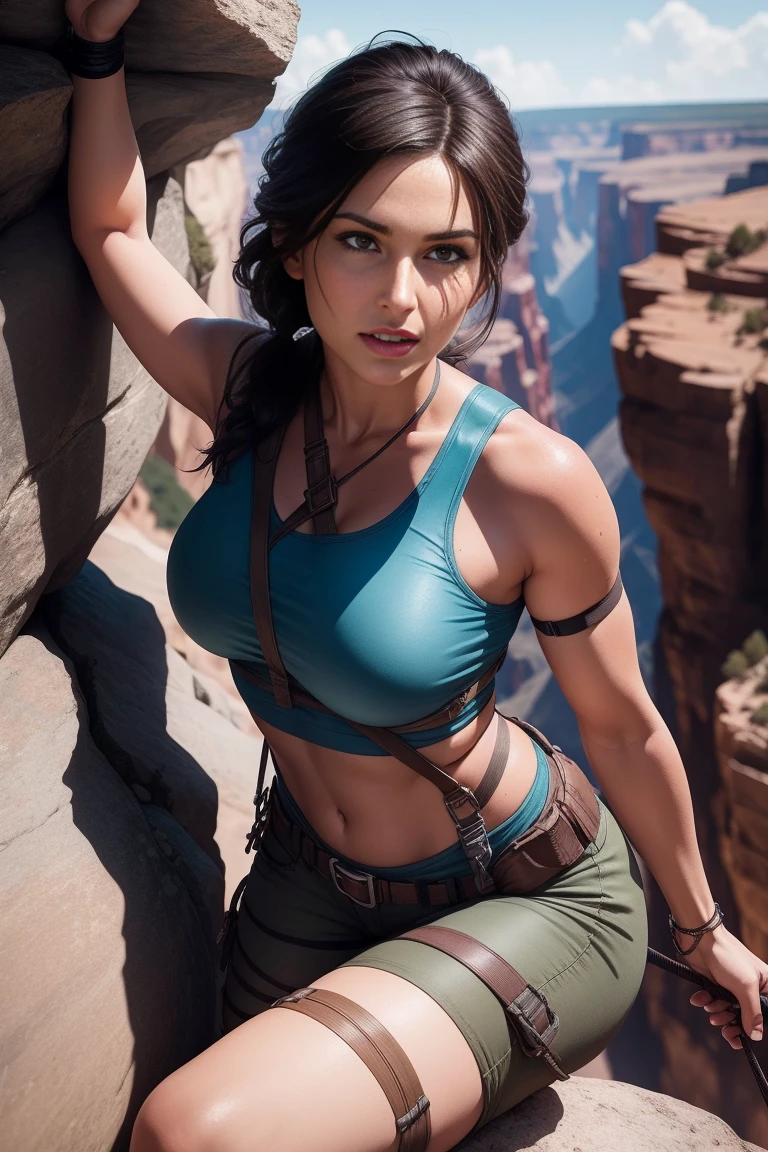 Create a picture of Lara Croft engaging in cliff walking and climbing in a breathtaking, grand canyon landscape. She is scaling a steep, rocky cliff with the aid of climbing gear, including ropes, harnesses, and carabiners. The cliff is part of a dramatic mountain range, with sheer drops and jagged peaks. Lara is dressed in a light blue t-shirt and dark jeans. The environment should include realistic rock textures and intricate details, with the sunlight casting dynamic shadows on the cliff face. The overall atmosphere should convey a sense of adventure, courage, and the thrill of conquering nature's obstacles. DLSR, sharp focus, soft lighting, masterpiece, photorealistic, 8k, masterpiece, perfect face, ultra detailed face, perfect brown eyes, beautiful face, close up face