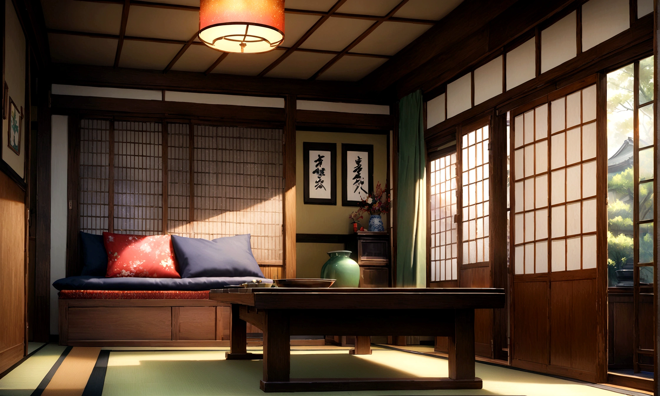 Old house in Japan, Japan tatami room,Japanese living room,Blur the background,Glitter effect,Highest quality, 8K, High resolution, masterpiece:1.2, Very detailed, Realistic:1.37, High resolution, 超High resolution, Ultra-fine painting, Very detailed, Professional, Vibrant colors