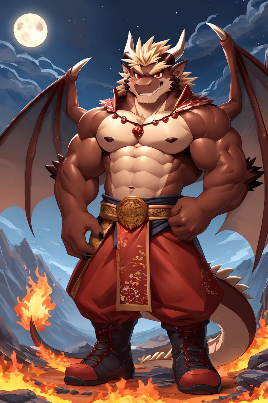 (sfw:1.5), male focus, Handsome 1boy, solitary, single,protrait photo, (Light blond thick eyebrows:1.3), (Black nails, Black Claws:1.3), (Dark brown dragon wings, Translucent wing membrane:1.5), Dark brown skin, Light blond chest hair, Light golden belly hair, (Dark brown tail:1.4), White fangs, (Perfect red eyes:1.4), (Dark brown ears, Dark brown body:1.3), (Dark brown thick horns, Dark brown horns, Dark brown curved horns:1.4), (黑棕色的Dragon Tail:1.2), (Light blond hair:1.4), (Beige chest, Beige abdominal muscles:1.1),
demon, feet, Demom, devil, devil boy, devil body, Demom boy, Demom body, (evil eyes, big eyes, large eyes:1.4), (Dragon Tail:1.4), (Chubby, The body is huge, Larger face:1.2), (Bare neck:1.4),
(Ancient costume, Hanfu:1.5), (Dark brown clothing:1.4), (brown belt:1.3), (A red jade pendant hangs around the waist:1.3), (Dark brown boots, Red shoelaces:1.2), (Red clothes texture:1.3), (Mars splashes, spark:1.2),
(full body:1.3), (Mature men:1.4), (Strong body, muscle,Strong male, muscle男:1.3), (flight, Standing:1.3), (Looking at the audience, Focus, Eyes gaze:1.2), (charming, charm, :1.3), (evil smile, evil grin, Smirk:1.3),
full background, Night, Mountains and rivers, hell, confusion, magma, flame, Broken Ground,
Mysterious and romantic atmosphere, Caustic lines(refraction, polarization)Perfect anatomical structure, absurd, Detailed background, (Delicate eyes:1.3),Printing style。((artist:Takemoto Arashi))