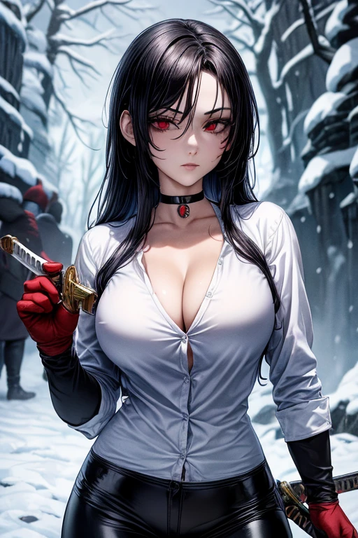 1 woman, woman fighting two zombies, High school girl swordsman, holds a katana in his right hand, long black hair, beautiful eyes, detailed eyes, Red eyes, choker:1.6, captivating look, wearing a white long-sleeved button-down shirt, big breasts, shiny black tight leggings, Snowy forest, snow night, Dark, Moonlight, absurd, high resolution, ultra-sharp, 8k, Masterpiece, front view, looking at the viewer