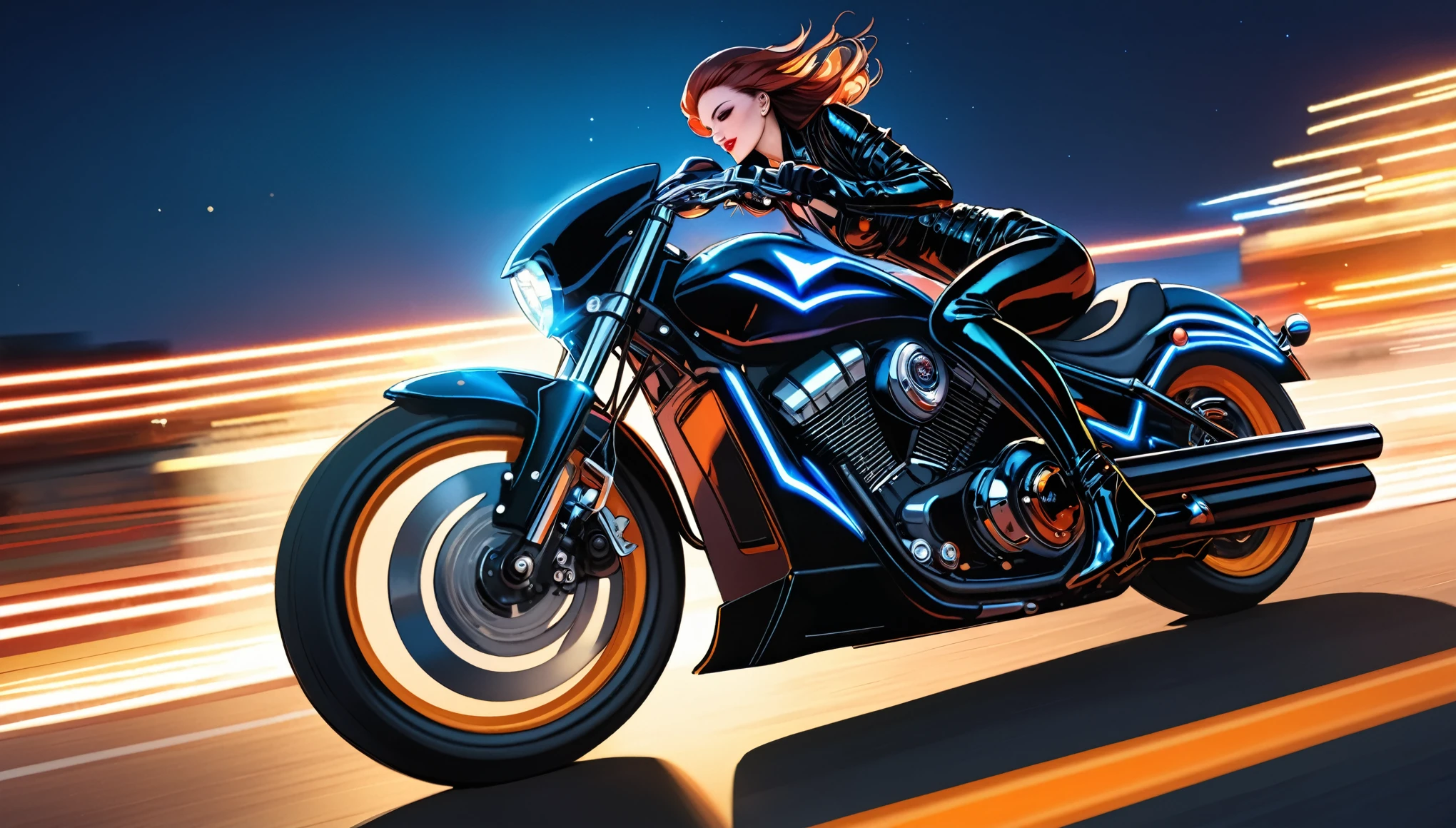 ((masterpiece, best quality)),(illustration),(detailedLight),((Extremely exquisite and beautiful)),in style of Thierry Mugler，Riding a Harley motorcycle，1 Girl，Gothic style，Motion Blur，Sense of speed，Light afterimage，Lively colors