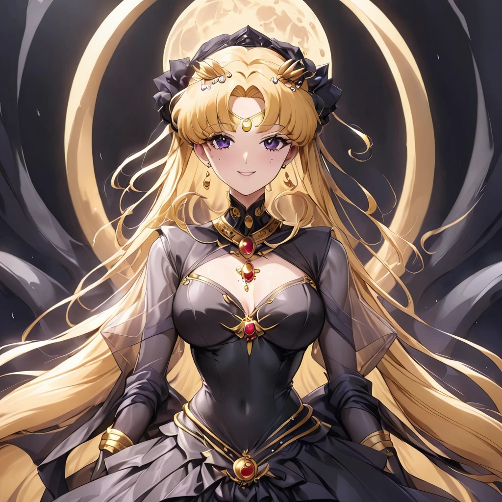 ((Highest quality)), ((masterpiece)), (detailed), （Perfect Face）、Black moon mark on forehead、The woman is Black Serenity, the noble dark queen of the Black Moon clan and has blonde hair.２The woman with long hair tied up is Princess Serenity、The woman has a black inverted crescent moon mark on her forehead, a gorgeous and glittering black gothic Victorian dress, a black veil and a black see-through cape, and is wearing luxurious jeweled accessories. She is the Queen of Darkness, the jet-black Princess Serenity, looking at the camera with a happy expression, and has the expression of a maiden in love.
