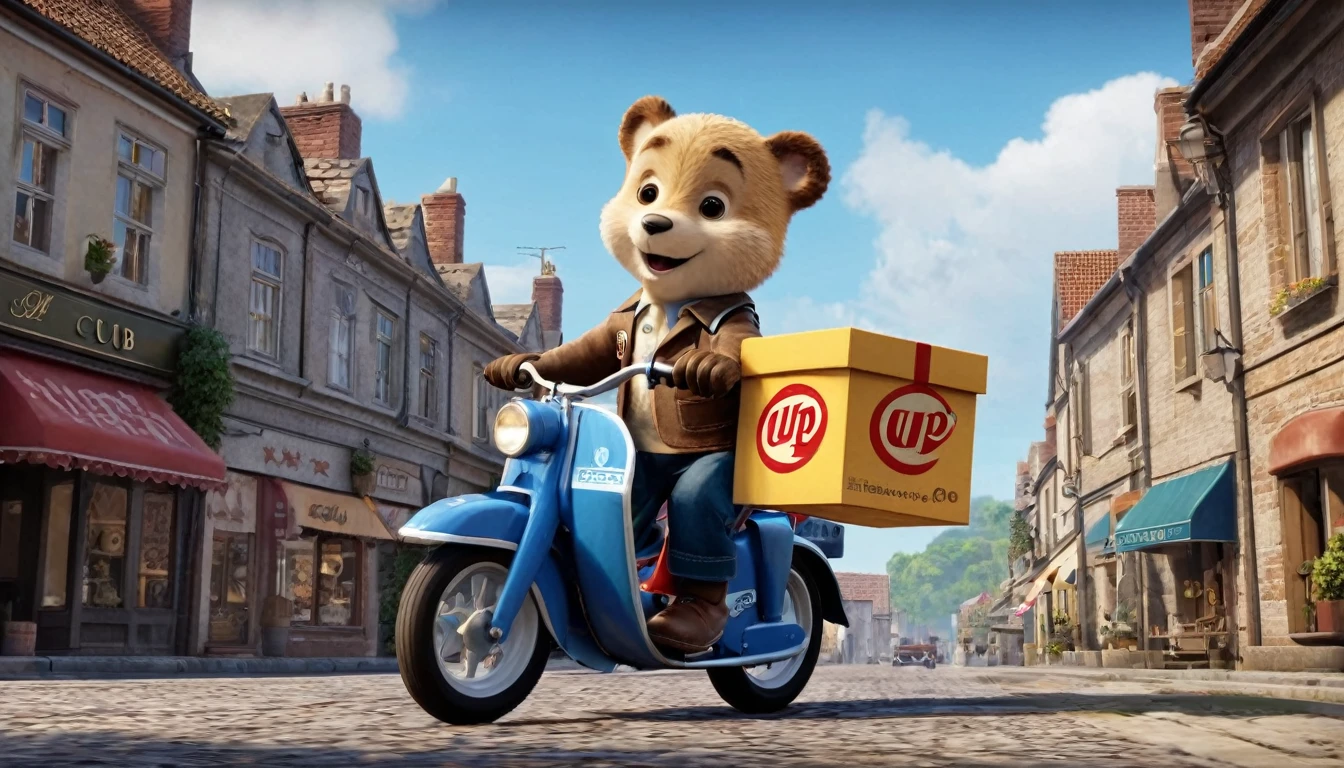 score_9, score_8_up, score_7_up, source_photo, photography, photorealistic, detailed, rating safe, front view, very wide shot, a super cub holding delivery box runs the town, rider is wearing a cook clothes, masterpiece, best quality, 8k,