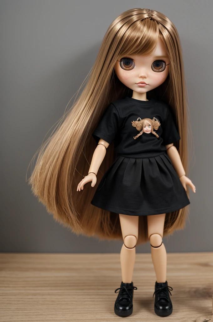 blythe doll with copper blonde straight hair without bangs and also with dark brown eyes and freckles dressed in a black skirt and black t-shirt