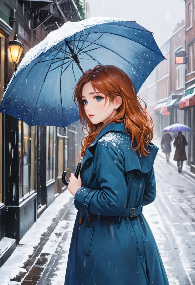 Snowy Days,Commercial Street,The back of a beautiful twenty-something,Holding an umbrella,Looking into the distance sadly。