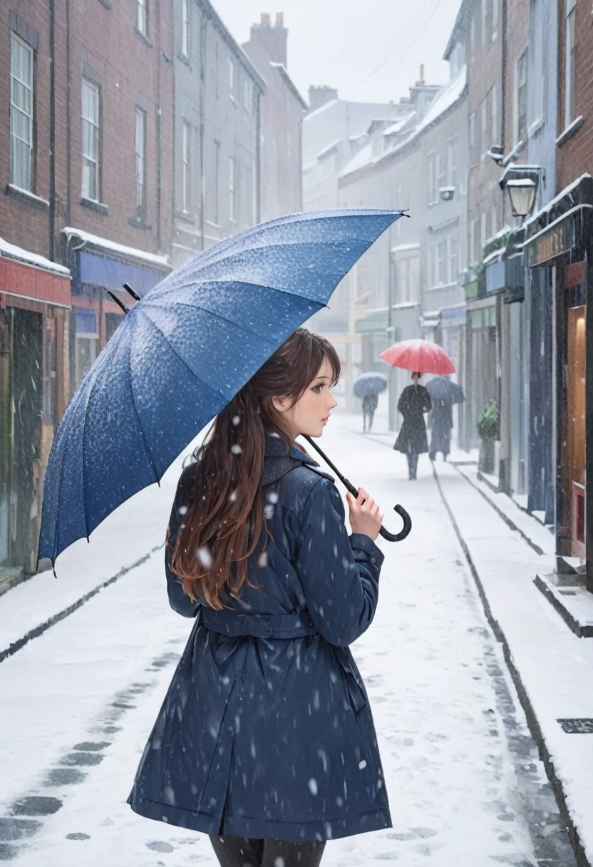 Snowy Days，Commercial Street，The back of a beautiful twenty-something，Holding an umbrella，Looking into the distance sadly。