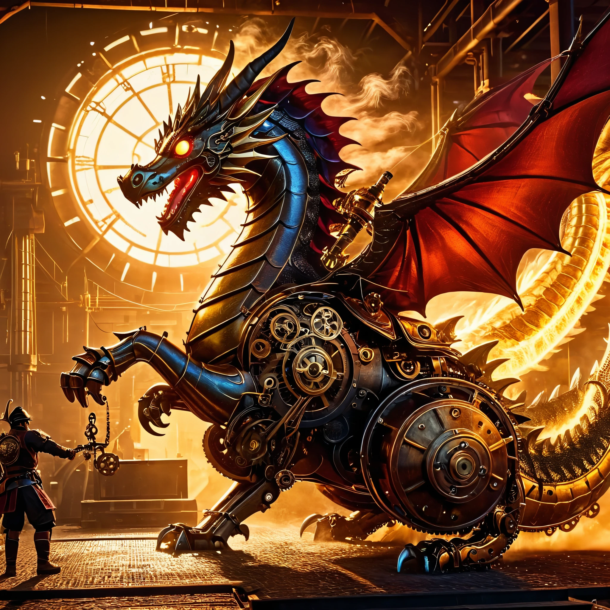 a steampunk samurai in steam-powered armor fighting a mechanical dragon, industrial landscape, gears, machinery, best quality, 8k, hyperdetailed, highly detailed, intricate, cinematic, dramatic lighting, moody colors, vibrant colors, golden hour, volumetric lighting, cinematic composition, epic, masterpiece