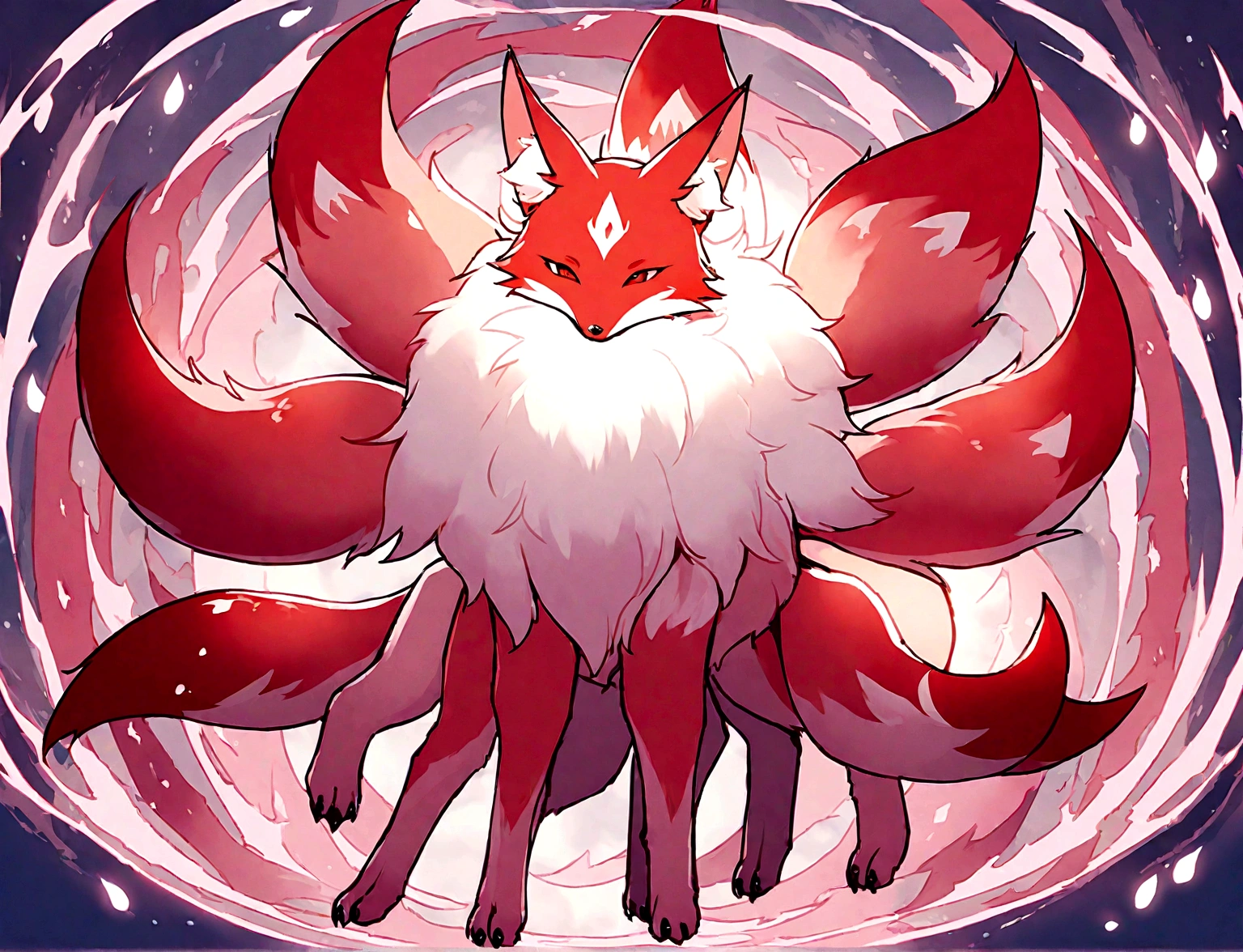 A giant red fox with 9 tails and 4 legs, whose tips are light pink. The tails are very fluffy and soft. The chest coat is light pink, as well as the tips of the paws. ao redor, a circle of small light pink flames. Ao fundo, a sunny beach.