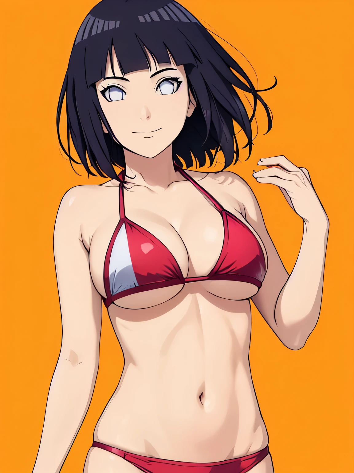 (hinata\(boruto\), (high quality, upper body view only, anime, tall woman, perfect hand anatomy, red bikini, off-shoulders, little biceps, long belly, smile), ((extremely strong)), ((void)), (medium-big breasts, cleavage), closed mouth), (kick:1.8, kick, kick, kick, foot), pale skin, ((floating hair, dark blue, short hair, hime cut، loose hair), (background: simple white background only), (background: simple white background only)