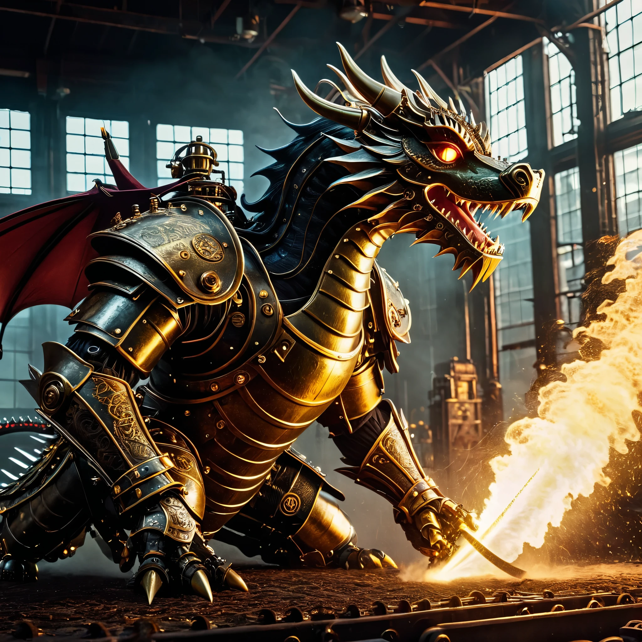 a steampunk samurai in steam-powered armor fighting a mechanical dragon, industrial landscape, gears, machinery, best quality, 8k, hyperdetailed, highly detailed, intricate, cinematic, dramatic lighting, moody colors, vibrant colors, golden hour, volumetric lighting, cinematic composition, epic, masterpiece