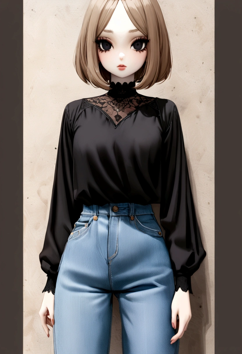 Blythe dolls, with white brown skin, black eyes, short hair, Lazio, dark brown and without fringe, fine lips, with a black cap, mom jeans and black blouse
