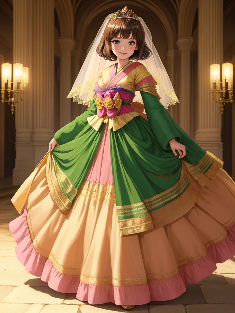 masterpiece, best quality:1.2), 1girl, smile, looking at viewer, green eyes, short brown hair, princess, princess dress, wearing puffy pink ballgown reaching the floor, green kimono, golden tiara with veil, standing in ballroom of medieval castle