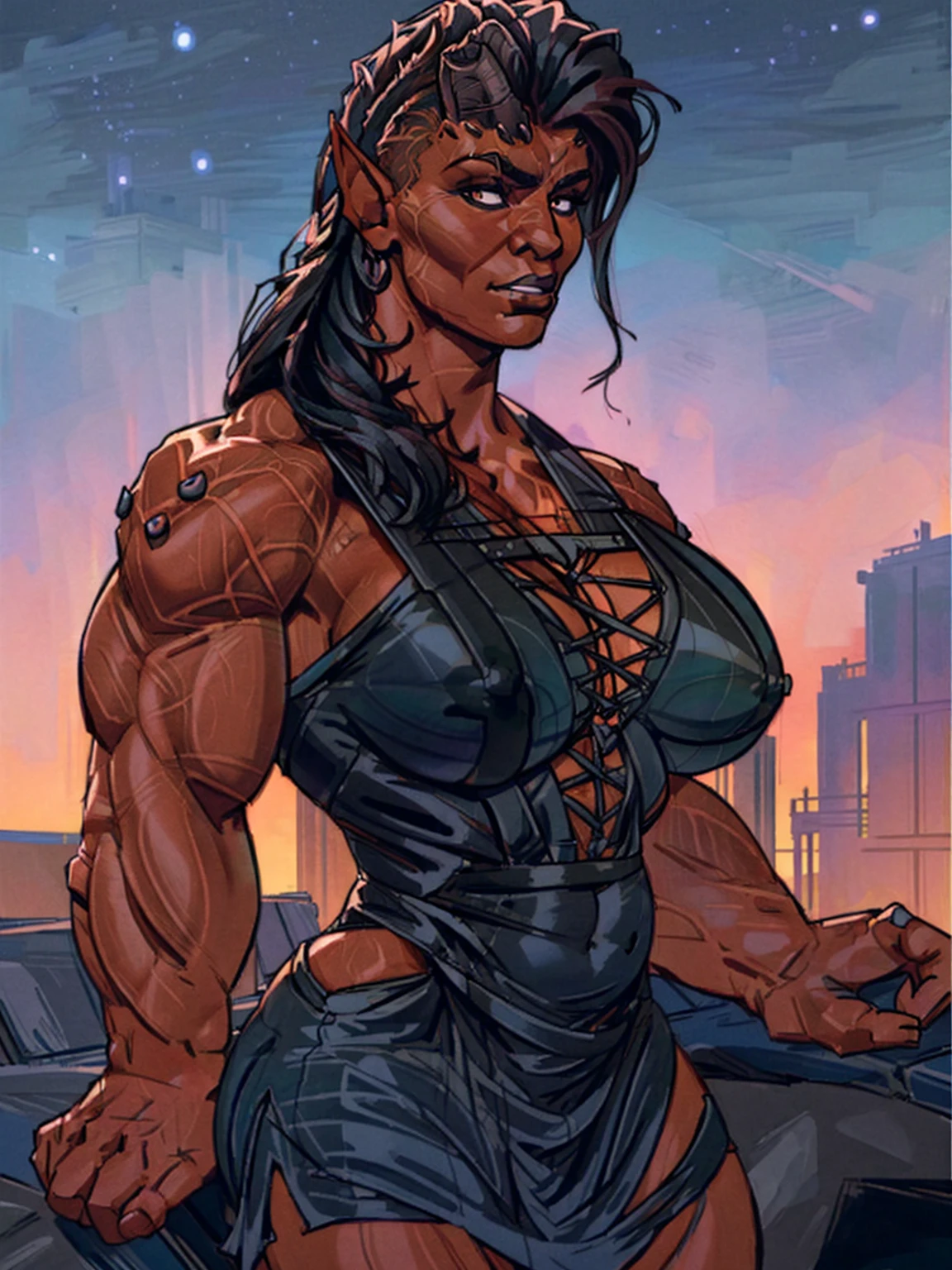 (masterpiece, best quality:1.3)
BGKarlach, 1girl, solo, realistic, long hair, horns,pointy ears, muscular, bodybuilder, buff, (huge breasts:1.3), cityscape, at night, on top of a skyscraper, short dress, tight, character portrait, incase