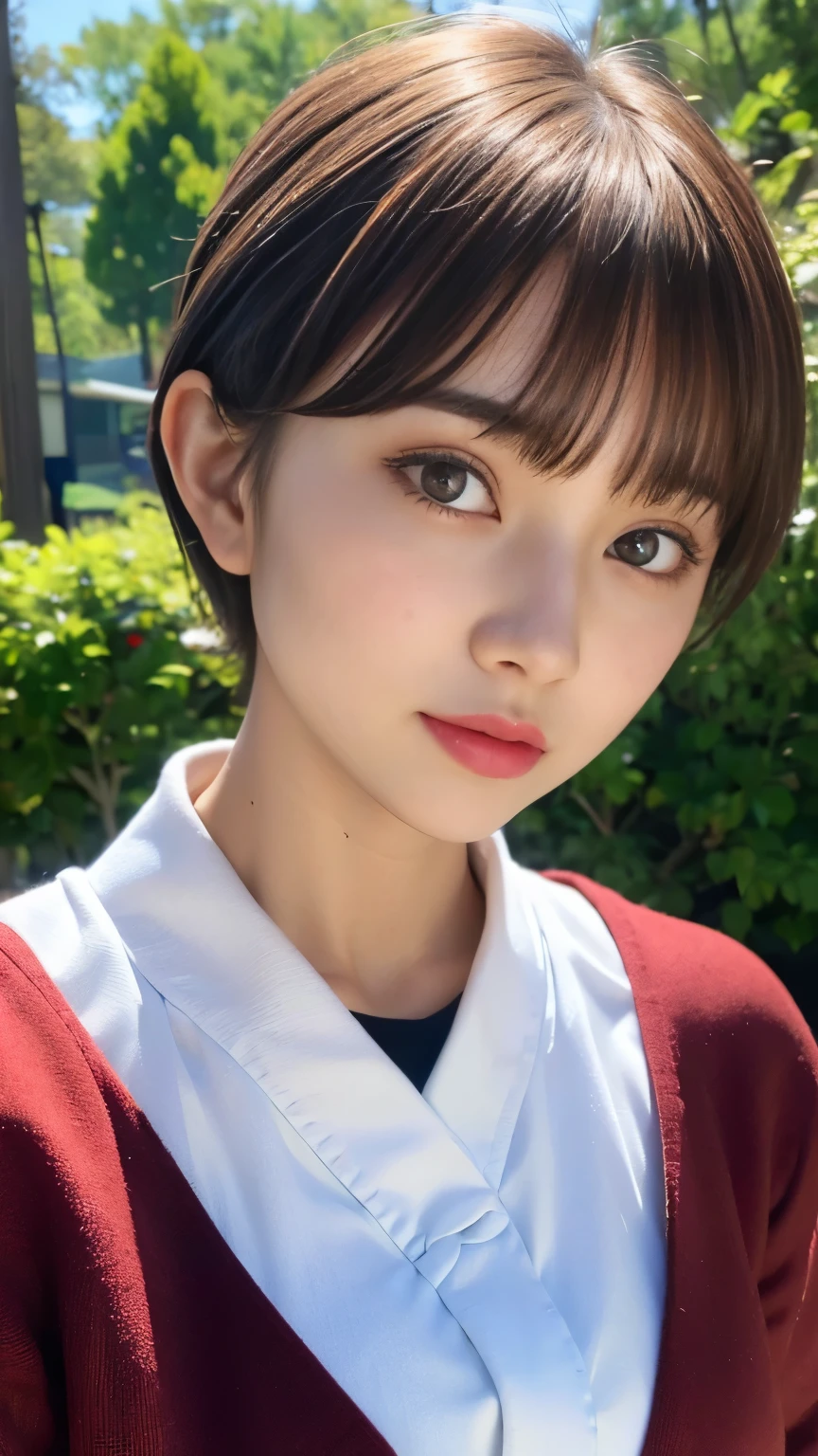 ((Highest quality)),(masterpiece:1.4),Raw photo,8K,((Best image quality)), ((Highest Resolution)),Beautiful face in every detail,Very detailed,Gentle expression,(One Woman:1.3 ),Realistic,photo Realistic,(Very Short Hair:1.4),(Beautiful woman),(Cute Japanese Girl:1.3),(mannish),((Beautiful woman)),(Beautiful Hair),((Dark brown hair)),(((Red cheeks))),((Her eyes are big)),20 year old beauty,(Her face is small:1.7),Small Head,((Long neck)),Pale skin,Spotless Skin,With bangs,Everyone longs for,Japanese Beautiful woman,(8 heads), Basketball Uniforms