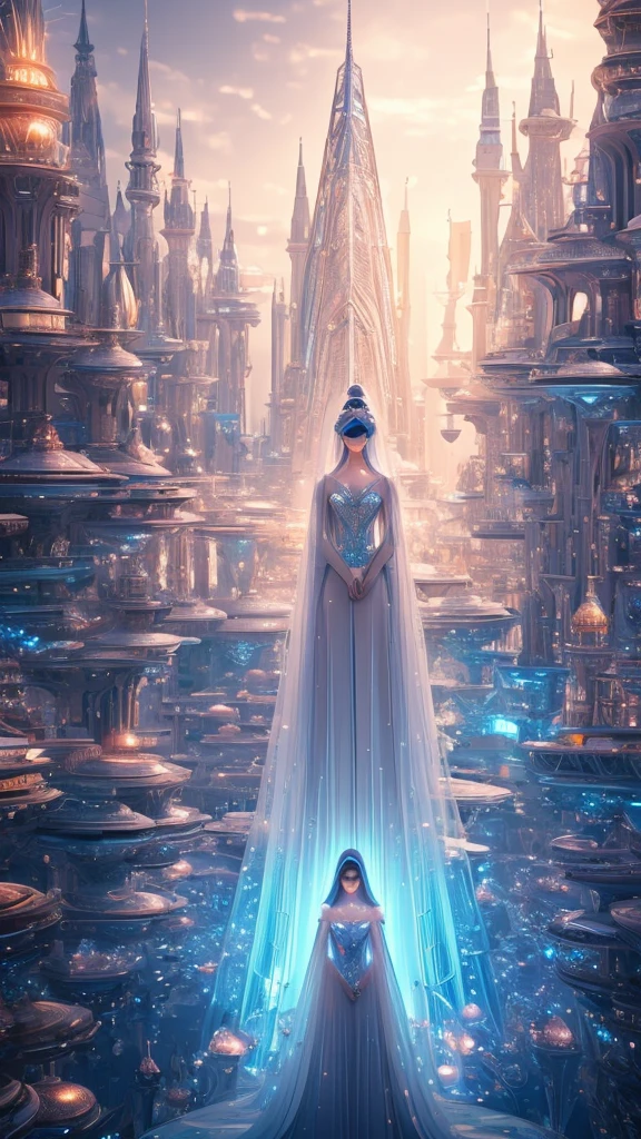 a lonely woman in a futuristic fairy tale world, beautiful detailed eyes, beautiful detailed lips, extremely detailed eyes and face, long eyelashes, delicate features, serene expression, elegant posture, intricate futuristic architecture, glowing crystals, floating platforms, holographic displays, neon lights, dreamlike atmosphere, pastel color palette, soft diffused lighting, cinematic composition, digital art, concept art, 8k, high quality, masterpiece, photorealistic